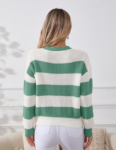 Image of Libsorge Womens Oversized Cute Lightweight Striped Sweater Spring Winter 2026 Trendy Ladies Dressy Casual Ribbed Waffle Knit Crew Neck Thin Long Sleeve Color Block Pullover Top Green S