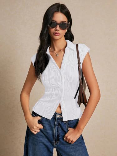 Image of GRECIILOOKS Korean Tees for Women | Tops for Woman | Collared Casual Summer Tops for Women Western | Knitted Top Button-Up Short Sleeve Crop Top |Summer Stylish Texture Korean Knit Tee