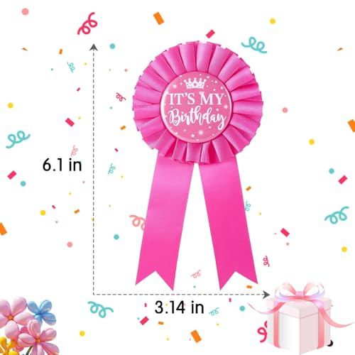 It's My Birthday Brooch, Pink Satin Fabric Happy Birthday Tinplate Badge Pin for Girls, Award Badge Party Decoration3