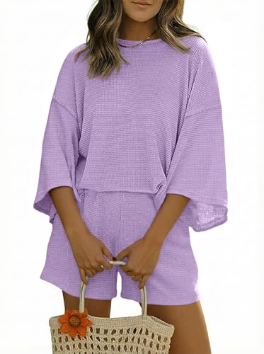Image of Tankaneo Womens Short Sets 2 Piece Outfits 3 /4 Sleeve Tops and Elastic Waist Shorts Lounge Set Casual Loungewear
