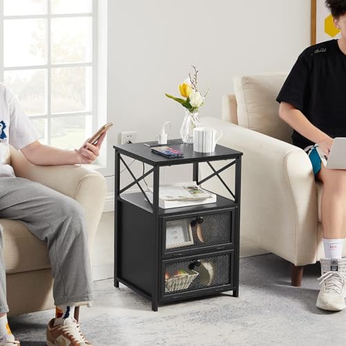 VECELO Brown End Table with USB Ports and Outlets,24 Inch Nightstands with Charging Station and Storage Shelf for Bedroom,Living Room, 1 Set by VECELO - Image 3