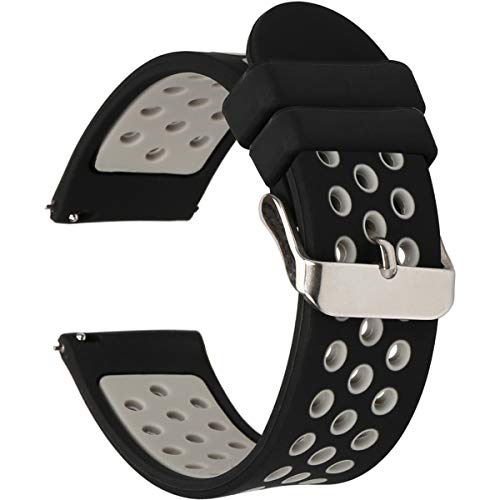 Universal 18mm 20mm 22mm 24mm Width Silicone Watch Band Replacement, Quick Release Rubber Watch Bands for Men & Women (20mm, Black-Grey)