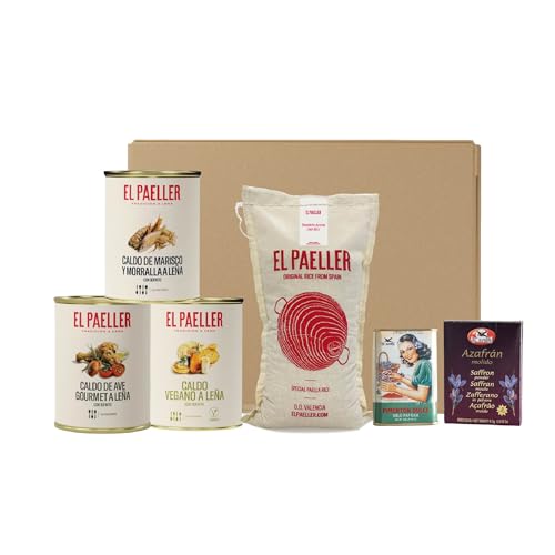 El Paeller - Coffret Cadeau - Kit Ingrédients pour Paella - Comprend Bouillons cuits au Feu de Bois, Riz D.O Valencia Varieté Albufera, Safran et Paprika