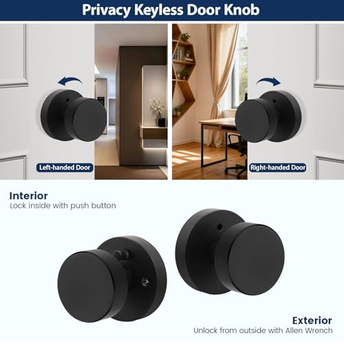Orger Matte Black Privacy Door Knobs Interior,Zinc Alloy Keyless Black Door Knobs with Lock for Bedroom and Bathroom, Knurled Heavy Duty Round Base Modern Doorknobs, 1 Pack by Orger - Used condition - Image 4