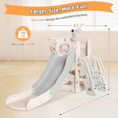 Babytronic Toddler Slide, 6 in 1 Kids Indoor Slide for Toddlers 1-3, Kids Playground for Indoor Outdoor with Basketball Hoop and Telescope, Indoor Outdoor Slide Playset (White&Gray)