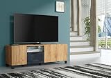 Furneo Enzo 04 Fernsehtisch, 150 cm, Eiche und schwarzer Beton-Effekt, mit weißen LED-Lichtern