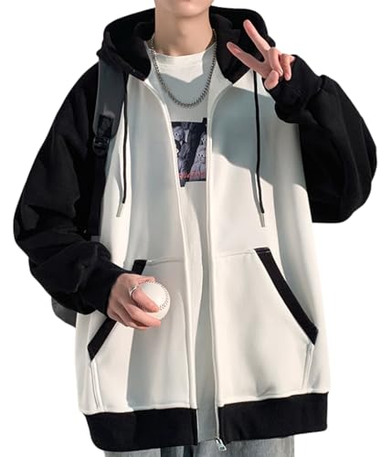 [Lunenon Soleil] ジップパーカー メンズ パーカー 秋冬 冬服 フルジップ フード付き ビッグシルエット ジップアップ 春服 長袖 韓国風 大きいサイズ カジュアル ラグランスリーブ 配色切替 スウェット ライトアウター 無地 (JP, アルファベット, L, ホワイト＋ブラック) - Lunenon Soleil - 商品画像