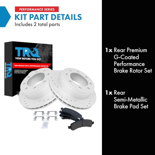 Image of TRQ Performance Rear Brake Pad and Rotor Set Semi Metallic G Coated Rotors Compatible with 2006-2016 Chevrolet Express 2500 2003-2016 Express 3500 GMC Savana 2500 Savana 3500