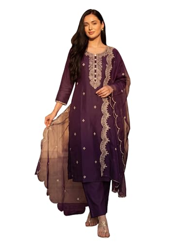 Image of INDO ERA Women's Silk Blend Embroidered Thread Work Kurta & Pant with Dupatta Set | Suit Set For Women