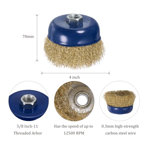 Image of Wire Cup Brush for Rotary Tool - [4 Inch] Coarse Crimped for Paint Stripping Cleaning Rust Light Duty Conditioning, 5 /8 Inch-11 Threaded Arbor, Blue