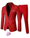 YND Men's 2 Piece Suit with Tie, One Button Slim Fit Solid Jacket and Pants Set, Suits for Men Prom Party Wedding & Business, Red