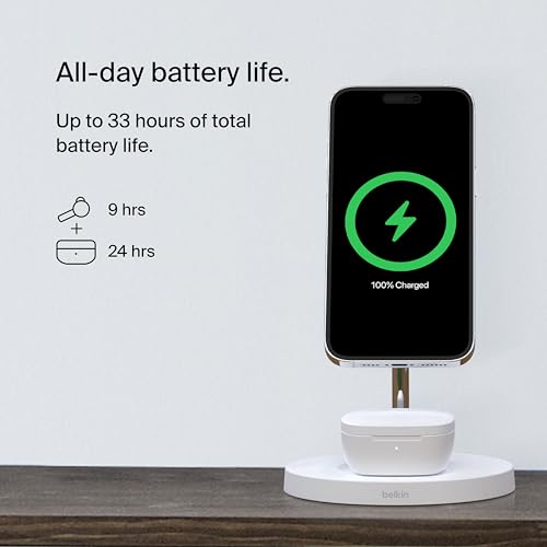 Belkin Écouteurs SoundForm™ Motion True Wireless avec suppression du bruit de fond (étui de recharge sans fil, deux micros, IPX5, résistance à l'eau, Bluetooth, pour iPhone et Samsung, blancs)