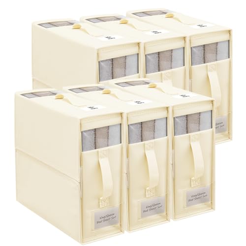 KingSaid Lot de 6 Sacs de boite rangement parure de lit,Boîte de Rangement Linge Pliable-couvertures & serviettes (blanc cassé)