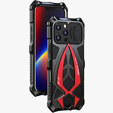 WEYNR Case for iPhone 13 Pro Max Metal Case,iPhone 13 Pro Max Heavy Duty Shockproof Cover,360° Full Body Protection front and back Case,Outdoor Armour Aluminum Military Bumper Cover-Black red Cover