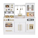 COSTWAY Kids Wooden Kitchen, Pretend Play Kitchen with Realistic Lights & Sounds, Stoves, Sink, Faucet, Oven, Ice Machine, Microwave, Coffee Maker, Children Chef Role Playset for Boys Girls 3+ (White)