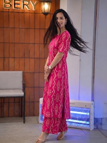 Image of ANNI Designer Co Ord Set for Women Viscose Printed | A Line Kurta Palazzo Set for Woman | Round Neck Elbow Sleeve Ethnic Dress Stylish Coord Outfit Trendy Womens Clothing