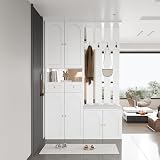 Merax Flurgarderobe Garderobenschrank Flur, Garderobenset mit Sitzbank, Schuhschrank, 2 Schublade, 4 Haken und 6 Türen, Garderobenständer für Eingangsbereich, 110 x 37 x 180 cm, Weiß