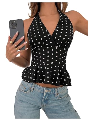 MakeMeChic Women's Polka Dots Halter Tops V Neck Tie Back Wrap Shirt Sleeveless Cami Top