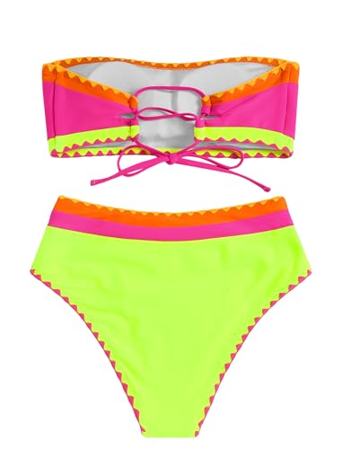 Image of ZAFUL Women's High Cut Bandeau Bikini Set Strapless Solid Color 2 Pieces Bathing Suit Swimsuit (10-Black Red,XL), X-Large