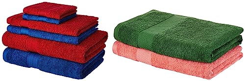 Image of Amazon Brand - Solimo 100% Cotton 6 Piece Towel Set, 500 GSM (Iris Blue and Spanish Red) Cotton 2 Piece Bath Towel Set, 380 GSM (Coral Pink, Mint Green)