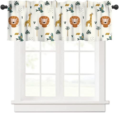 JanJCurt Cute Lion Window Valance for Kids, Cartoon Woodland Jungle Forest Wildlife Lions Giraffe Owl Palm Trees Blackout Short Window Curtain for Living Room Baby Bedroom Nursery, 54x18inch