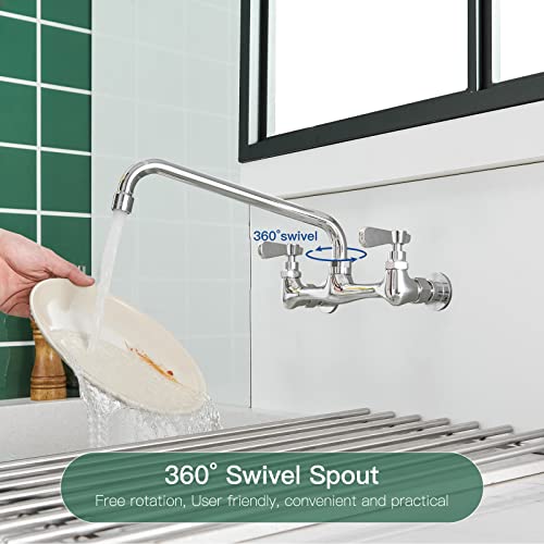 Homevacious 2 Handle Commercial Kitchen Faucet Walll Mount 8 Inch Center With 14 Inches 360 Degree Swivel Spout Brass Utility Sink Faucets Laundry Room Restaurant Mixer Tap Polished Chrome #TOP1