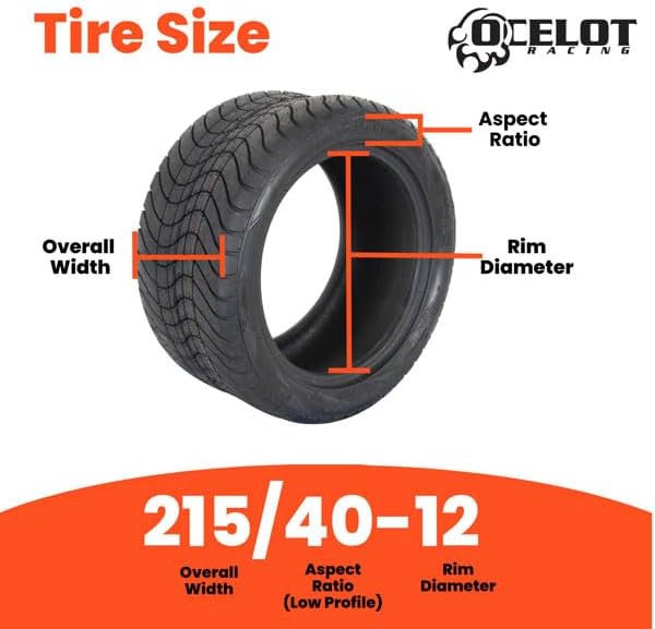 Ocelot P825 215/40-12 Golf Cart Tire | Low Profile Sidewall | 4-Ply | Turf or Pavement | All-Terrain Quality, Tubeless Non-Directional Tread | 12 Inch