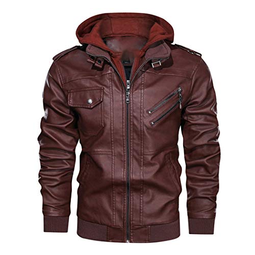 Chaquetas de Motocicleta Retro para Hombre, Chaqueta de Cuero de la PU Vintage Abrigo de Motorista clásico, Chaqueta Protectora de Moto de Invierno 1905A Red M
