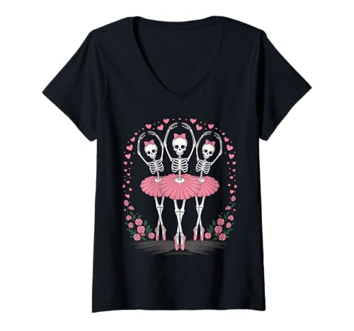 Mujer Esqueletos de ballet lindos bailes de Halloween para mujeres y niñas Camiseta Cuello V