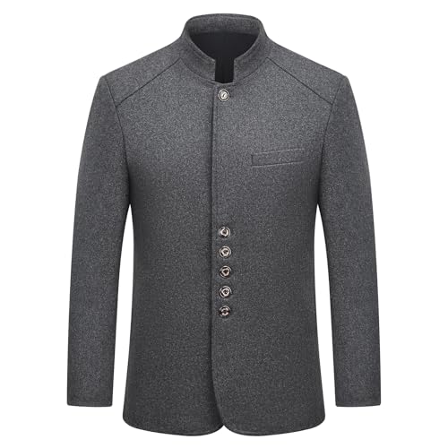 KUDMOL Herrenmantel Stehkragen Wollmischung Trenchcoat Klassischer Vintage einreihiger Wintermantel(Grau,L)