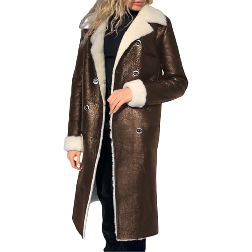 Women's Faux Fur Coats 2025 Winter Fleece Lined Suede Coat Open Front Long Double-Breasted Lined Jacket Overcoat