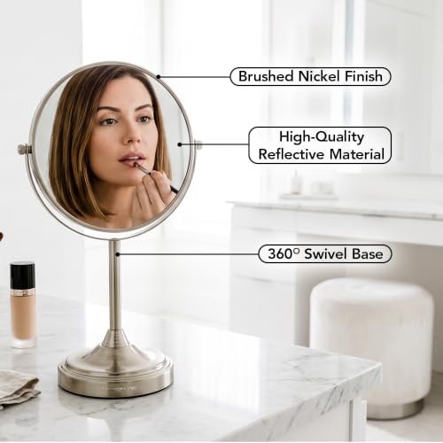Image of OVENTE 7 inch Tabletop Magnifying Makeup Mirror, Nickel Brushed MNLCT70BR1X7X | Double Sided Vanity Standing Mount Mirror with 1X /7X Magnification, 360 Rotation, Perfect for Dresser Bedroom Office Desk