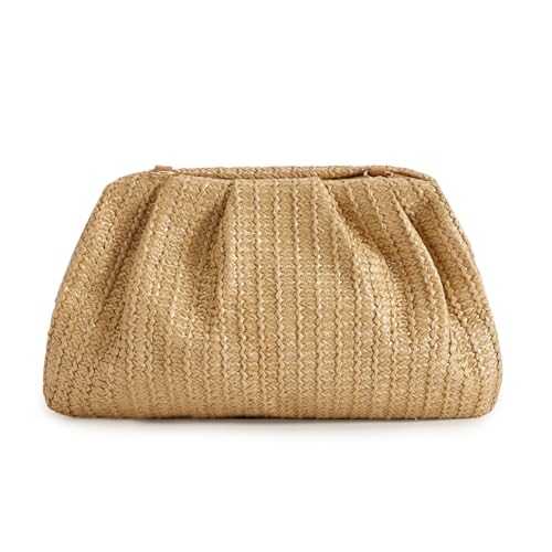 Image of Huralona Women Straw Woven Clutch Purse Pleated Handbag for Summer Beach Vacation Straw Shoulder Crossbody Bag