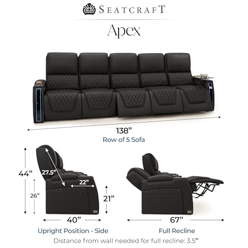 Image of Seatcraft Apex Black Italian Leather Home Theater Seating, Zero Gravity Power Recliner, Powered Headrest and Lumbar Gaming and Home Office Chair, Lounge Sofa Furniture for Cinema Room, Row of 5 Sofa