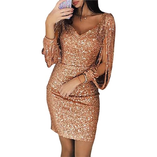 Women's Sparkly Glitzy Glam Sequin Elegant Sexy Tassel Long-Sleeve Bodycon