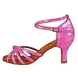 YKXLM Latin Dance Shoes Ballroom Women Salsa Tango Performance Practice Dancing Shoes.259,3' Heel,Pink,7.5 US
