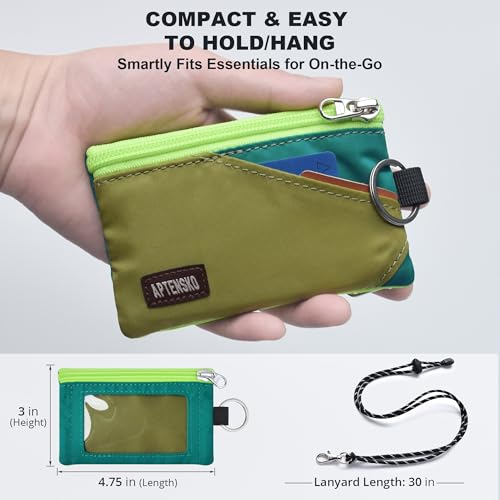 Image of RFID Blocking Travel Wallet with Adjustable Lanyard, Small Nylon Zipper Pouch and Badge Holder for ID, Credit Cards, Cash, Keys, Commuters (OliveGreen+Turquoise)