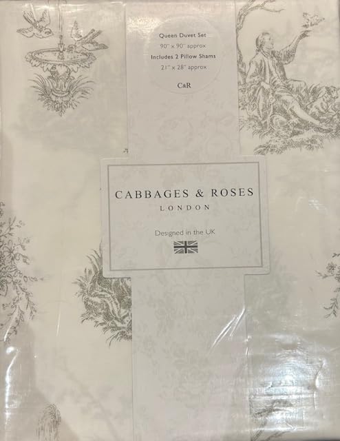 Cabbages & Roses of London Luxurious Home Collection, Queen Duvet Set, 100% Cotton Percale Crisp & Cool, Hotel Quality 3pc Queen Duvet Set (Cameo Toile- Pale Olive)