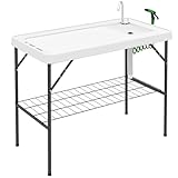 Outsunny Folding Fish Cleaning Table, Portable Camping Sink Station with Faucet, Drainage Hose, Sprayer, Grid Rack and Knife Groove, Outdoor Fillet Table for Picnic Beach Patio, White