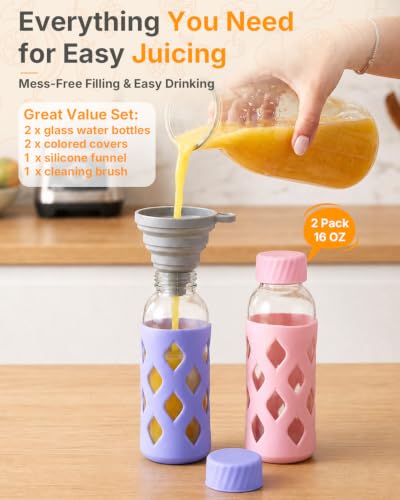 Image of Zukro 16 oz Glass Water Bottles with lid & Silicone Sleeve, 2 Pack | Reusable Clear Juice Bottles, Stainless Steel Airtight Lid, 100% Leak Proof, For Smoothie & Juicing, BPA Free