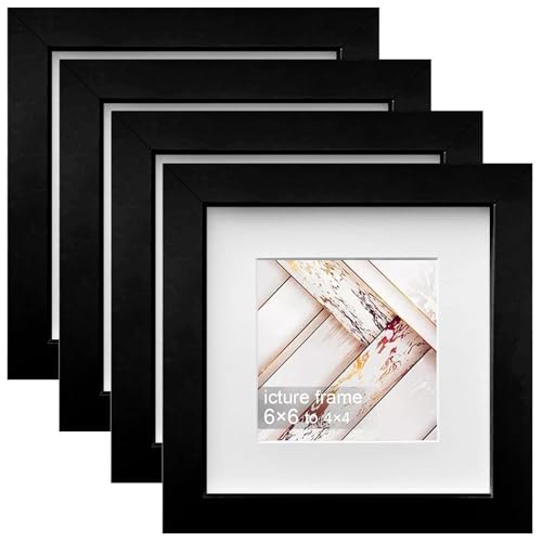 Dwitkul Set di 4 Cornici Foto 15x15cm Cornice Portafoto Quadrata in Legno MDF con Vetro Acrilico Passepartout per Montaggio a Parete o Tavolo (Nero)