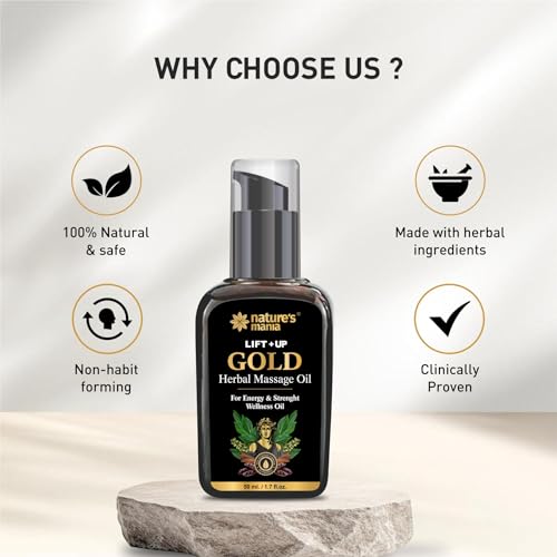 Image of Nature Mania Lift-Up Gold Oil for Men | Ayurvedic Body Massage Oil with Ashwagandha, Satawar, Loung & Musli | 50ml