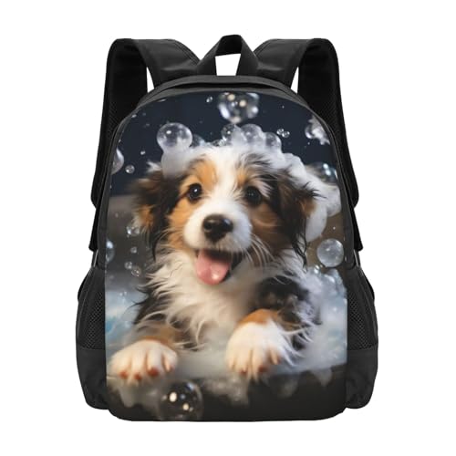 Minimalist Unisex 17 Inch Backpack Puppy Bath Bubbles Cute Sleek Design for Simple Lifestyles Daily Carry & Errand