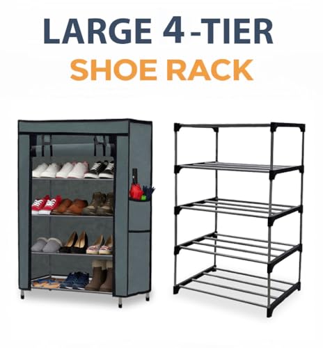 Image of Metal Shoe Stand with Cover, 4 Tier Shoe Organizer for Home & Office - Grey