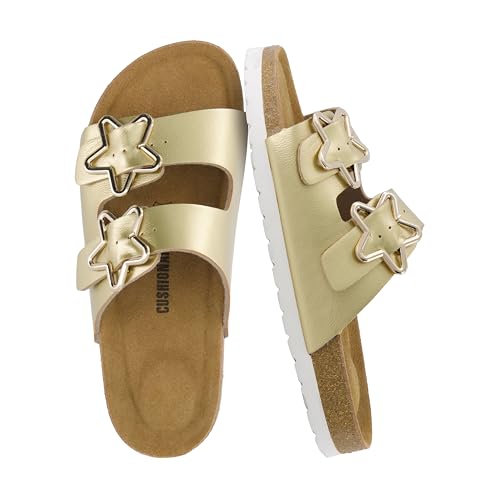 Image of CUSHIONAIRE Lily Girl Toddler Sandals with Adjustable Gold Tone Star Buckles and Cushioned Cork Footbed Slip On Girls Slides for Kids