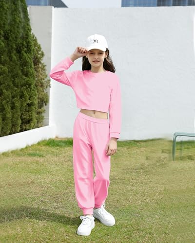 Image of Betusline Girls 2 Piece Outfits Girls Cropped Sweatsuit Pants Outfit Clothes Set, 4T-14 Years