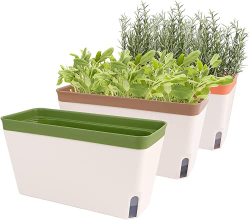 OurWarm Self Watering Plant Pots, Set of 3 10.5 Inch Rectangular Windowsill Herb Planter Box, Modern Plastic Flower Pots for Indoor Outdoor Garden Office Patio, Planters with Drainage Hole Hidden Tray