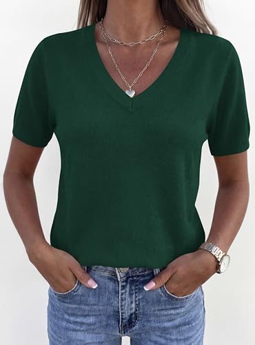 PRETTYGARDEN Womens Short Sleeve Sweaters V Neck Business Casual Tops Lightweight Sweater Shirts 2026 Summer Spring Outfits (Dark Green,XX-Large) — view 5