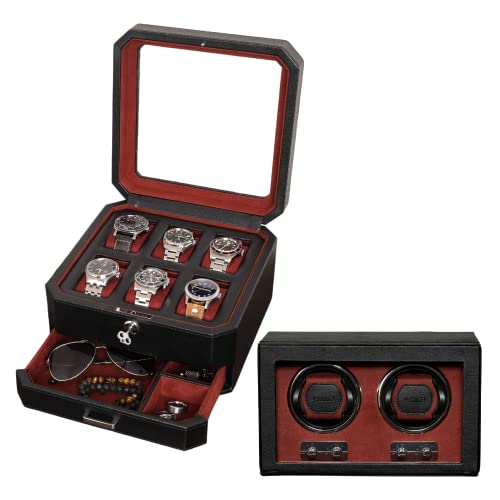 Gift Set 6 Slot Leather Watch Box with Valet Drawer & Matching Double Watch Winder - Luxury Case Display Organizer, Locking Mens Jewelry Watches Holder, Men's Storage Boxes Glass Top Black/Red