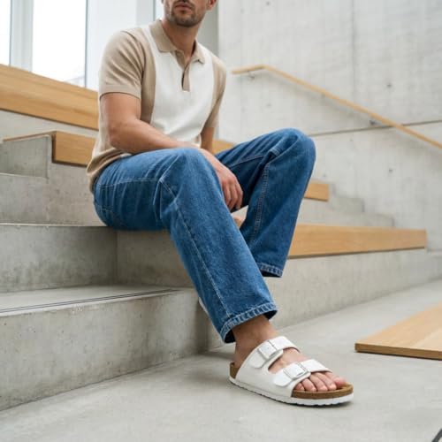 Image of CUSHIONAIRE Lane Cork Footbed Mens Sandals, Adjustable Buckle Comfort Slides for Men, Genuine Leather Insole Summer Sandals Men Footwear